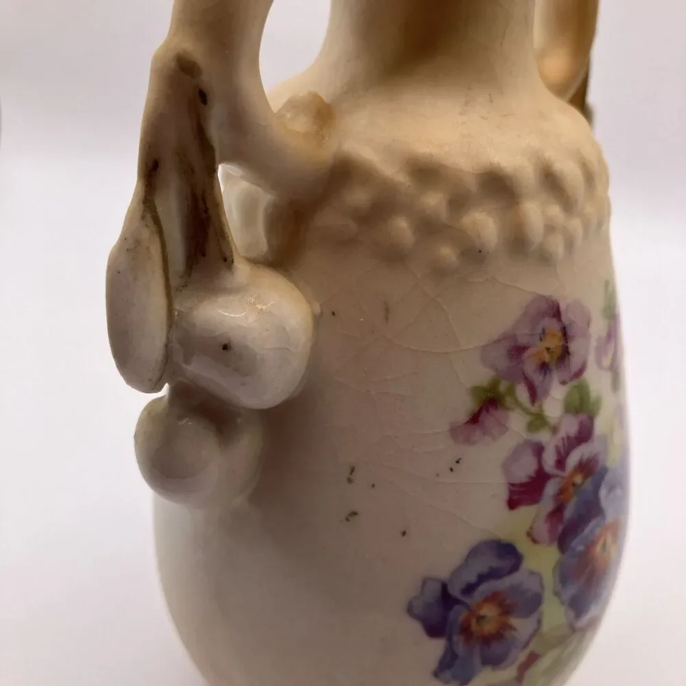 Antique Art Nouveau Porcelain Vase w Cherry Fruit Handles Austria Victorian 5.5
